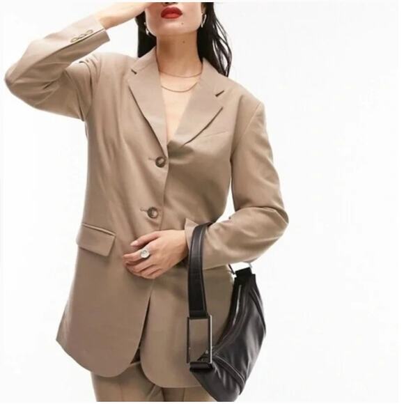 TopShop Belted Jacket Long Blazer 10 NWOT Tan Khaki Jacket Women's Academia Corp - Picture 2 of 9